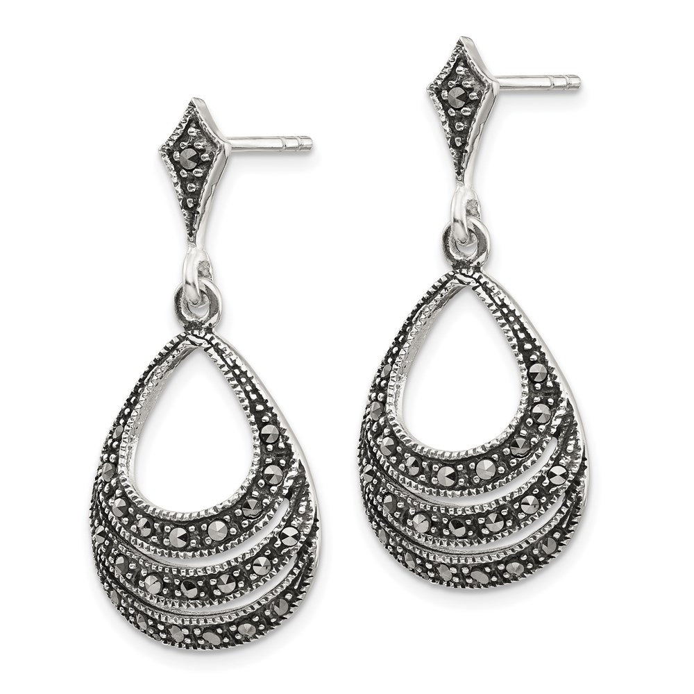 QE3417 Sterling Silver RH-plated Textured Marcasite Teardrop Post Dangle Earrings