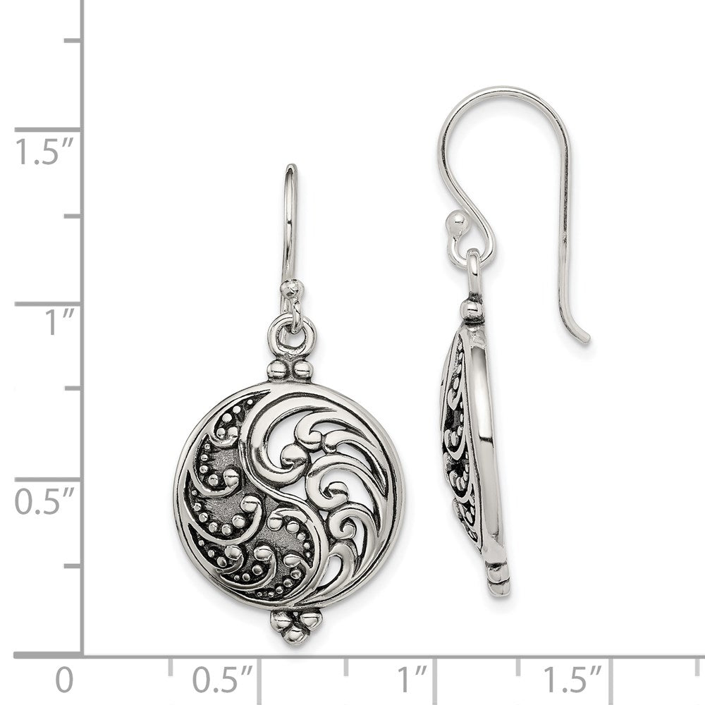 QE3433 Sterling Silver Polished & Antiqued Filigree Yin and Yang Dangle Earrings
