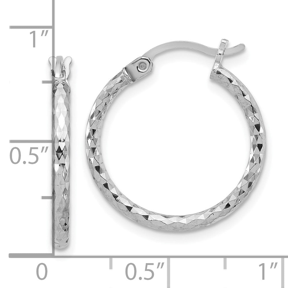 QE3531 Sterling Silver Rhodium-plated 2mm Diamond Cut Hoop Earrings