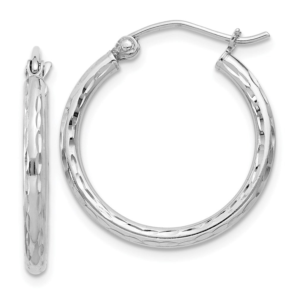 QE3531 Sterling Silver Rhodium-plated 2mm Diamond Cut Hoop Earrings