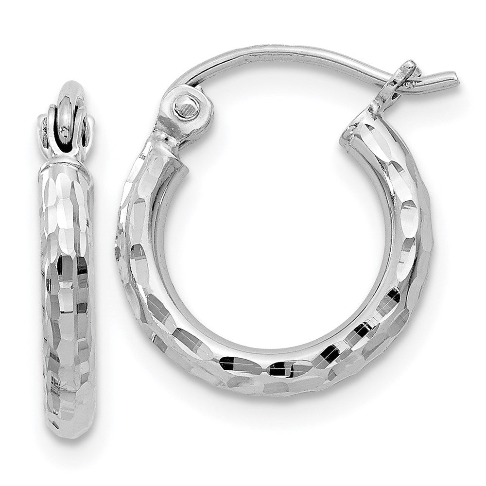 QE3532 Sterling Silver Rhodium-plated 2mm Diamond Cut Hoop Earrings