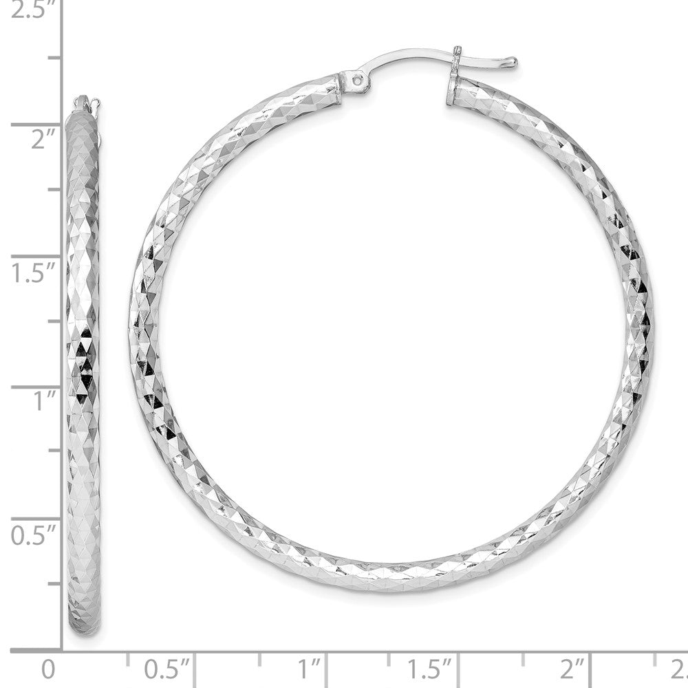 QE3538 Sterling Silver Rhodium-plated 3.00mm Diamond-cut Hoop Earrings