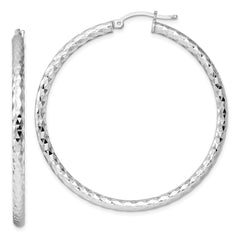 QE3538 Sterling Silver Rhodium-plated 3.00mm Diamond-cut Hoop Earrings