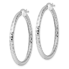 QE3539 Sterling Silver Rhodium-plated 3.00mm Diamond-cut Hoop Earrings