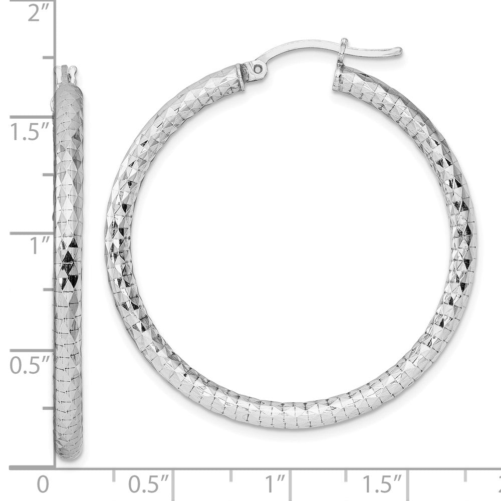 QE3539 Sterling Silver Rhodium-plated 3.00mm Diamond-cut Hoop Earrings