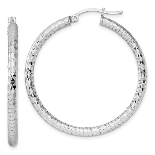 QE3539 Sterling Silver Rhodium-plated 3.00mm Diamond-cut Hoop Earrings