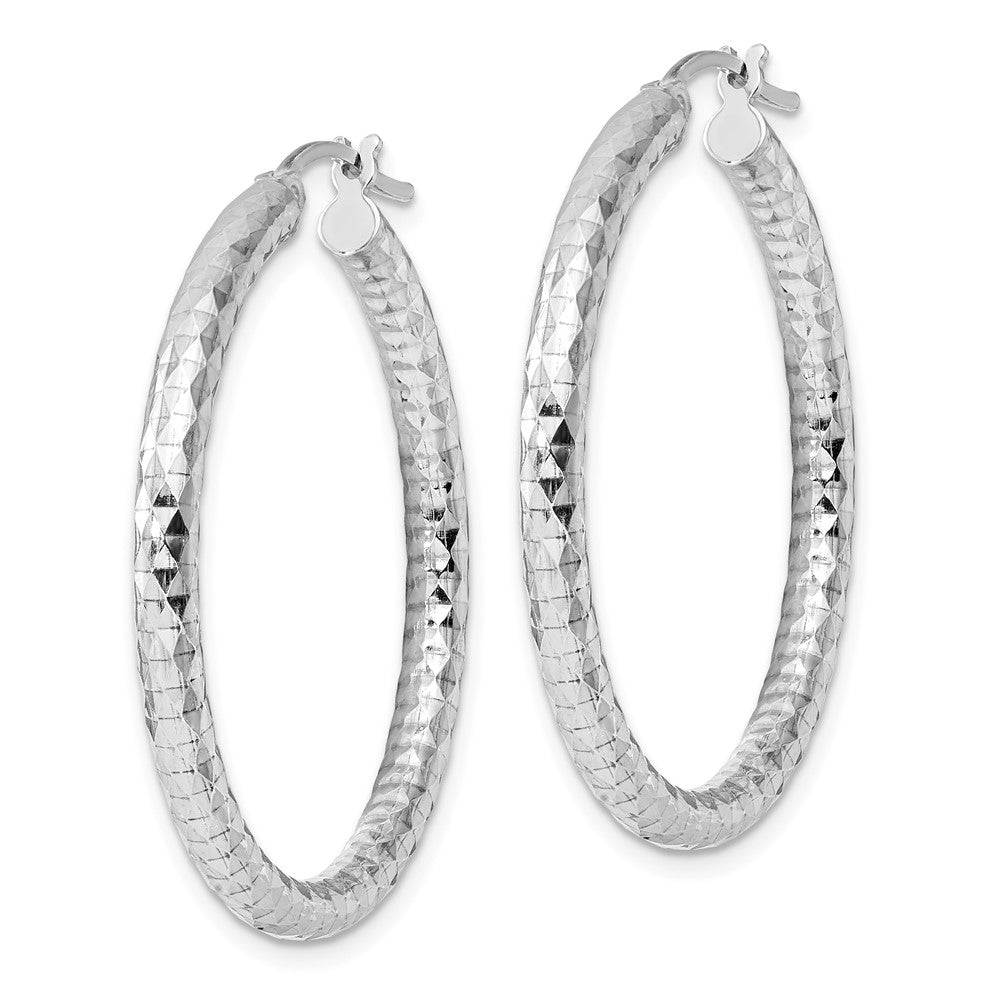 QE3540 Sterling Silver Rhodium-plated 3.00mm Diamond-cut Hoop Earrings