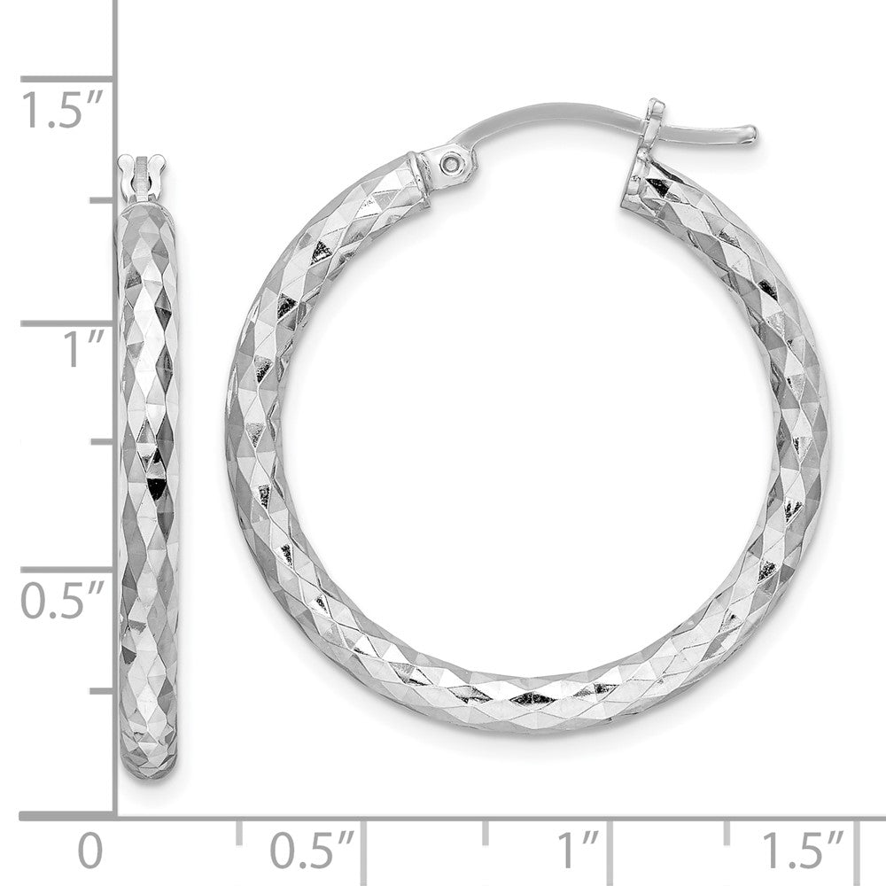 QE3541 Sterling Silver Rhodium-plated 3.00mm Diamond-cut Hoop Earrings