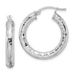 QE3546 Sterling Silver Rhodium-plated 4.00mm Diamond-cut Hoop Earrings
