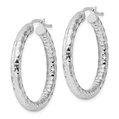 QE3547 Sterling Silver Rhodium-plated 4.00mm Diamond-cut Hoop Earrings