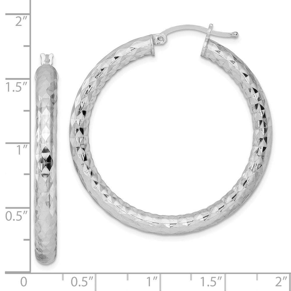 QE3548 Sterling Silver Rhodium-plated 4.00mm Diamond-cut Hoop Earrings