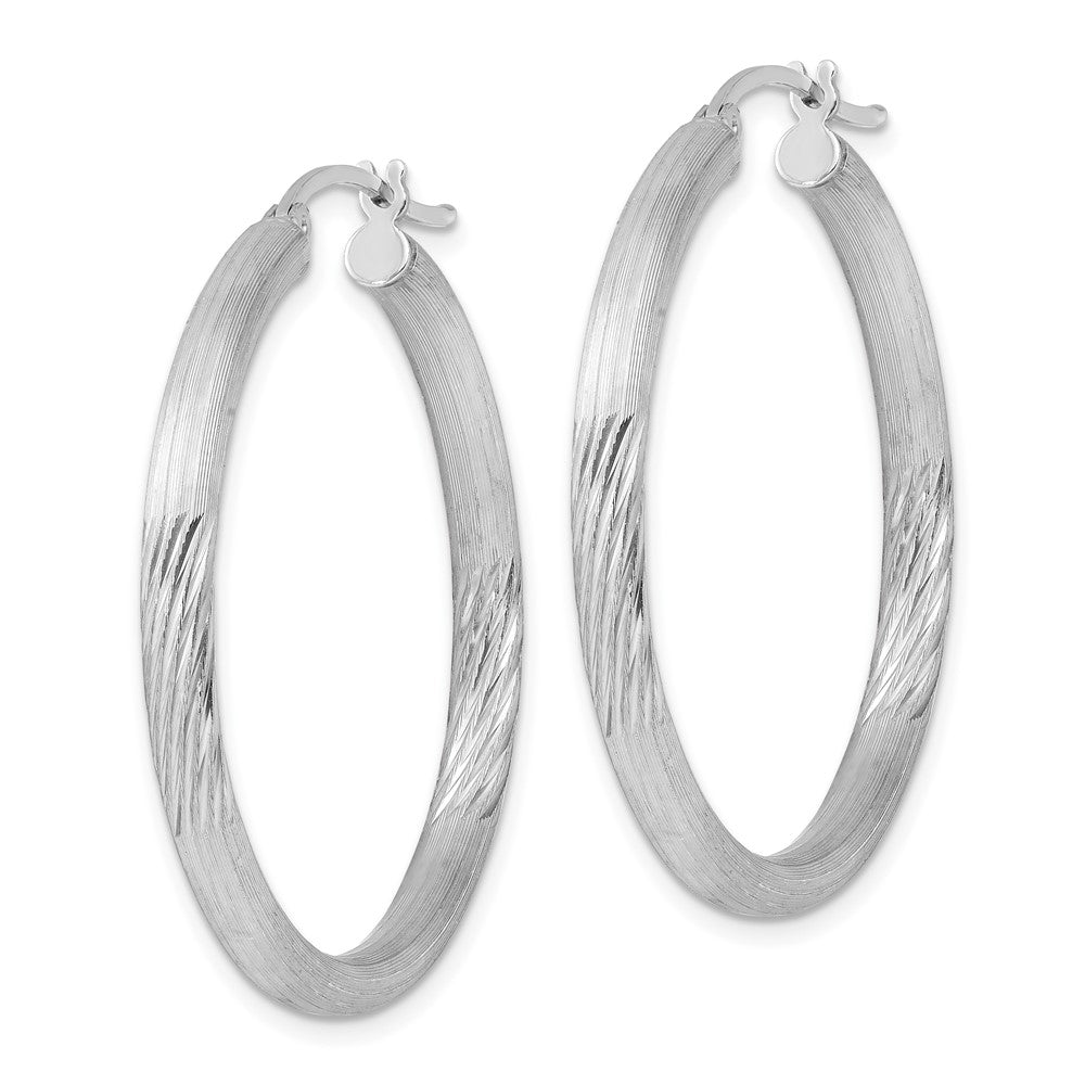 QE3558 Sterling Silver Rhodium-plated 3mm Polished/Satin Diamond-cut Hoop Earrings