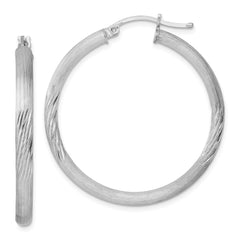 QE3558 Sterling Silver Rhodium-plated 3mm Polished/Satin Diamond-cut Hoop Earrings