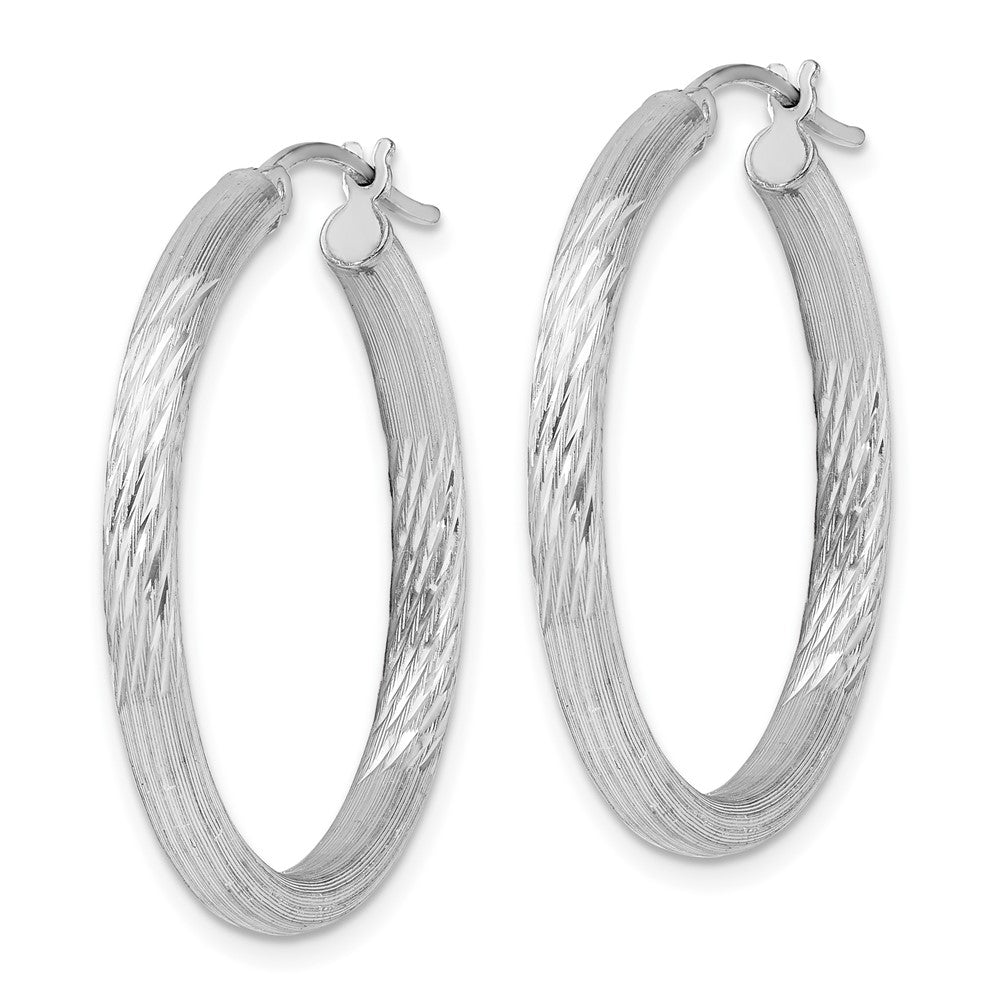 QE3559 Sterling Silver Rhodium-plated 3mm Polished/Satin Diamond-cut Hoop Earrings