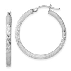 QE3559 Sterling Silver Rhodium-plated 3mm Polished/Satin Diamond-cut Hoop Earrings