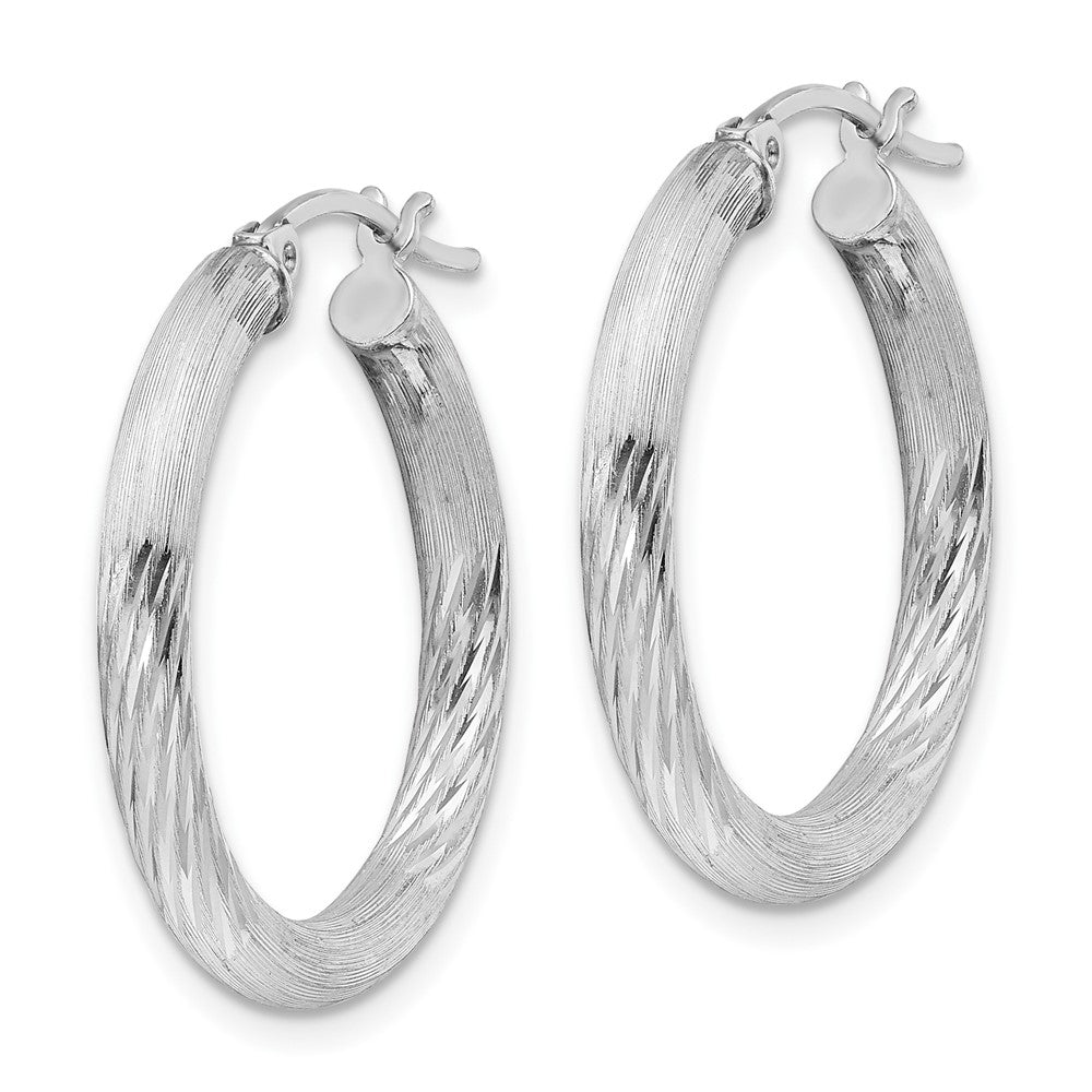 QE3560 Sterling Silver Rhodium-plated 3mm Polished/Satin Diamond-cut Hoop Earrings