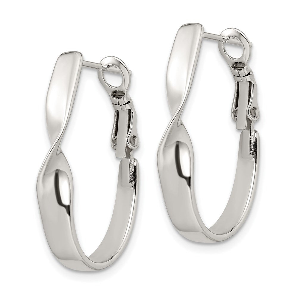 QE3751 Sterling Silver Rhodium-plated Twisted Oval Omega Back Hoop Earrings