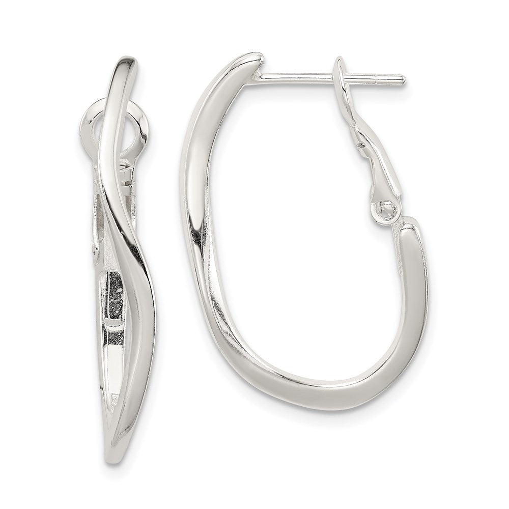 QE3752 Sterling Silver Polished Wavy Omega Back Oval Hoop Earrings