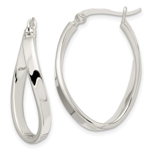 QE3758 Sterling Silver Polished & Twisted Oval Hoop Earrings