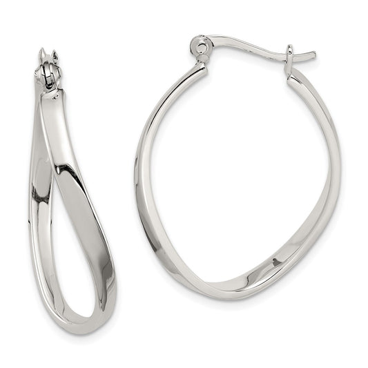 QE3759 Sterling Silver Polished & Twisted Oval Hoop Earrings