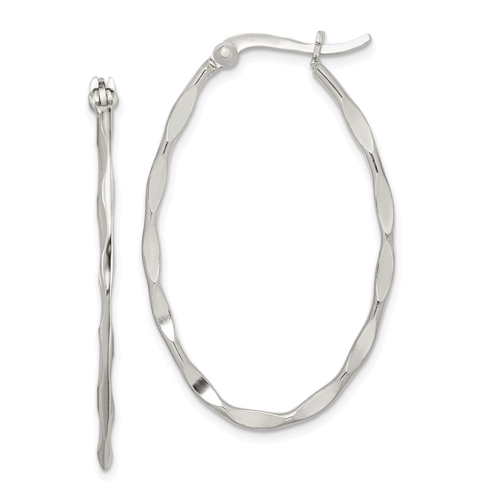 QE3778 Sterling Silver Polished & Twisted 1.5mm Oval Hoop Earrings