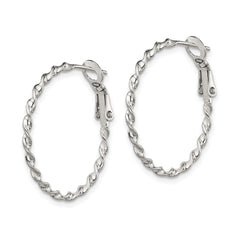 QE3791 Sterling Silver Rhodium-plated Twisted Omega Back Hoop Earrings