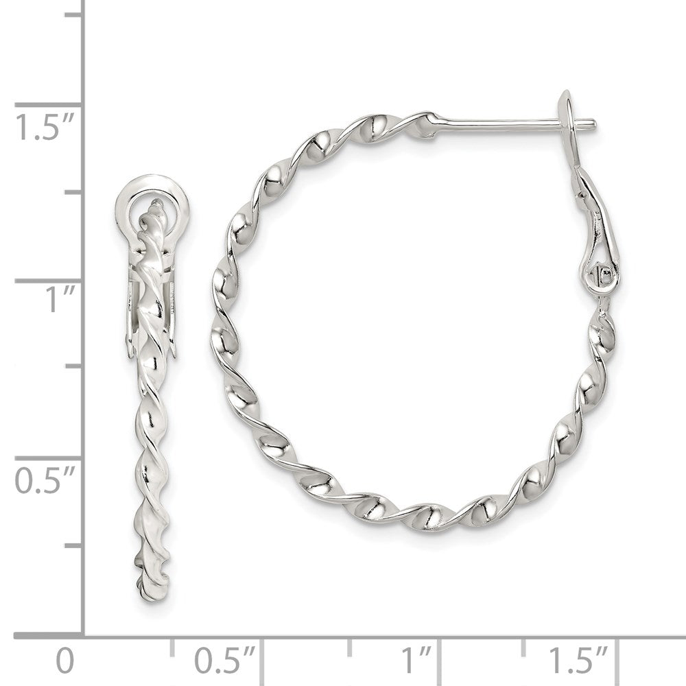 QE3791 Sterling Silver Rhodium-plated Twisted Omega Back Hoop Earrings