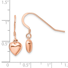 QE4204RP Sterling Silver Rose-tone Puffed Heart Dangle Shepherd Hook Earrings