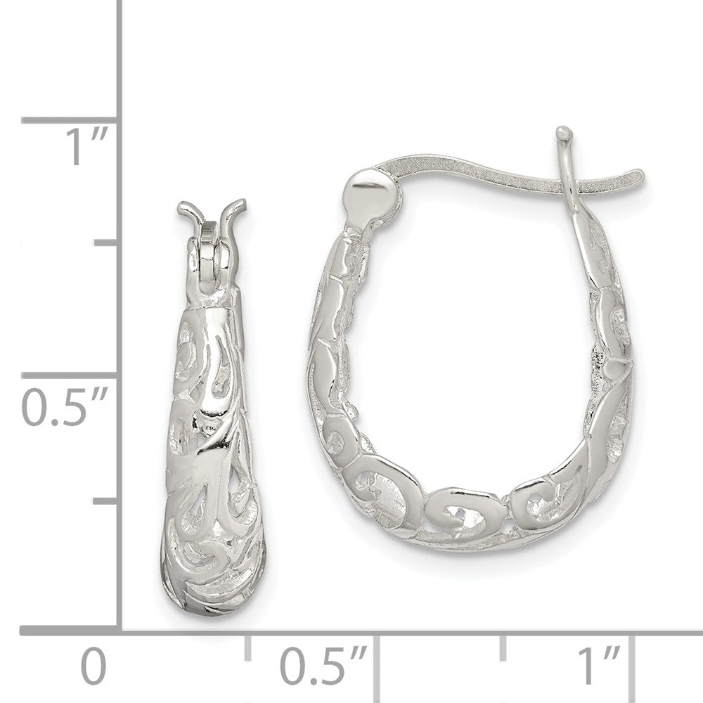 QE4245 Sterling Silver Polished Filigree Oval Hoop Earrings