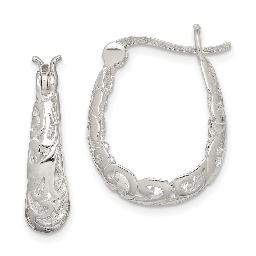 QE4245 Sterling Silver Polished Filigree Oval Hoop Earrings