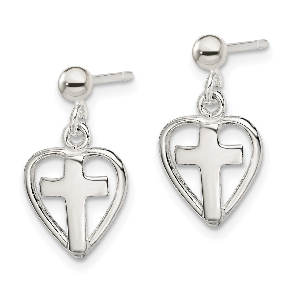 QE4260 Sterling Silver Polished Cross in Heart Post Dangle Earrings