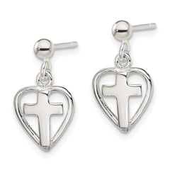 QE4260 Sterling Silver Polished Cross in Heart Post Dangle Earrings