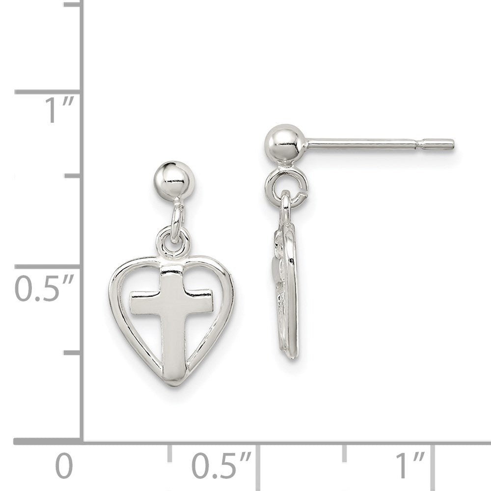 QE4260 Sterling Silver Polished Cross in Heart Post Dangle Earrings