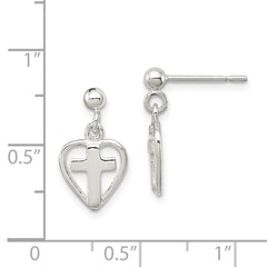 QE4260 Sterling Silver Polished Cross in Heart Post Dangle Earrings