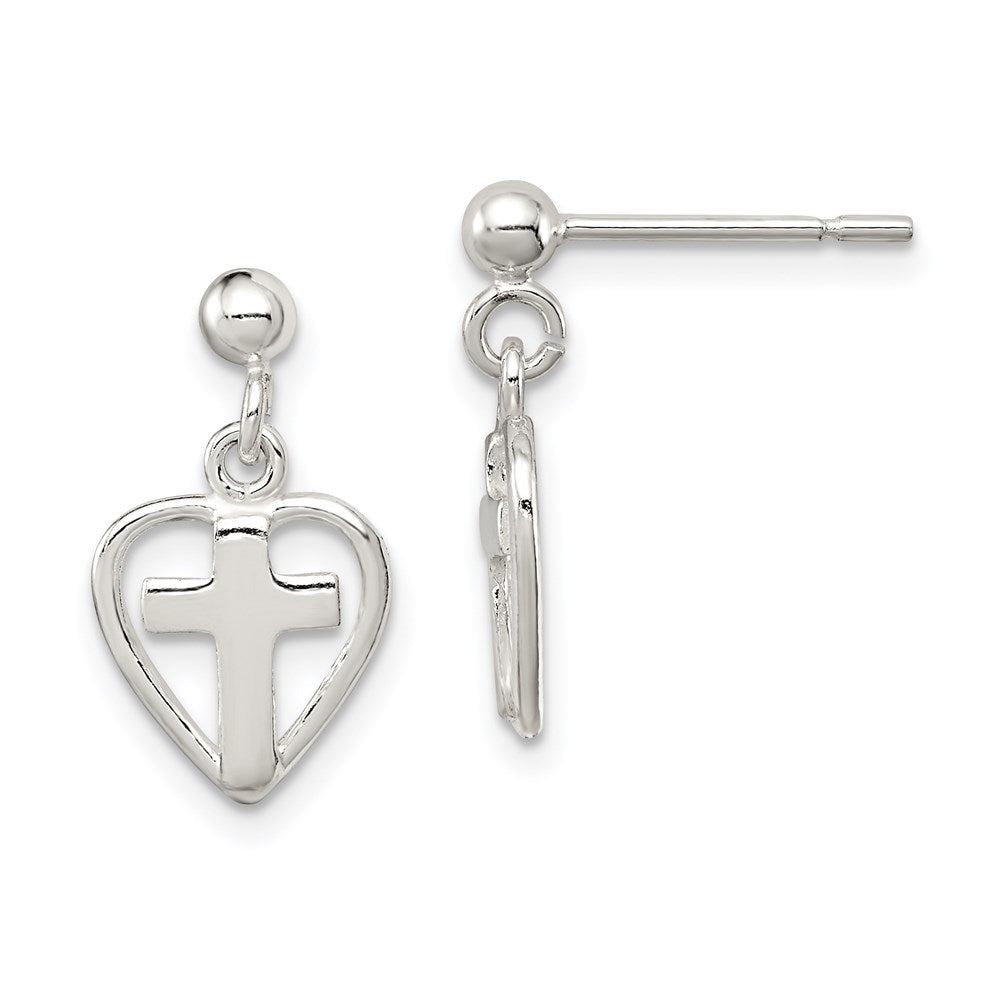 QE4260 Sterling Silver Polished Cross in Heart Post Dangle Earrings