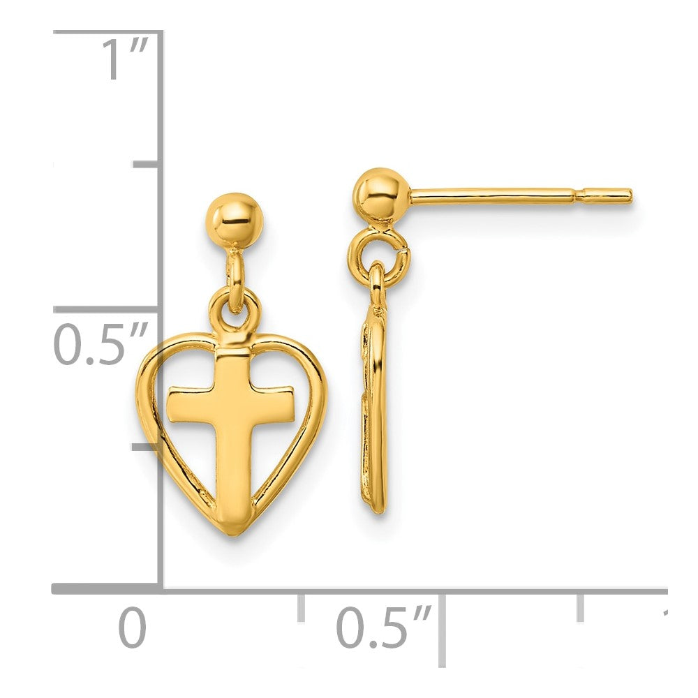 QE4260GP Sterling Silver Gold-tone Polished Cross In Heart Post Dangle Earrings
