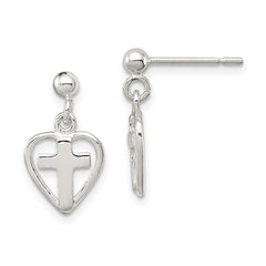 QE4260 Sterling Silver Polished Cross in Heart Post Dangle Earrings