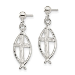 QE4282 Sterling Silver Polished Antiqued & Textured Ichthus & Cross Post Dangle Earrings