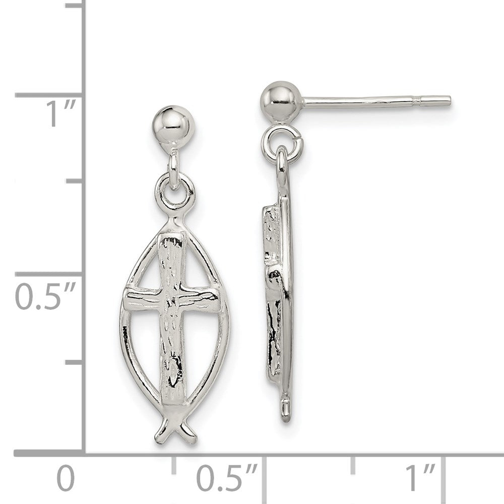 QE4282 Sterling Silver Polished Antiqued & Textured Ichthus & Cross Post Dangle Earrings