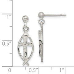 QE4282 Sterling Silver Polished Antiqued & Textured Ichthus & Cross Post Dangle Earrings