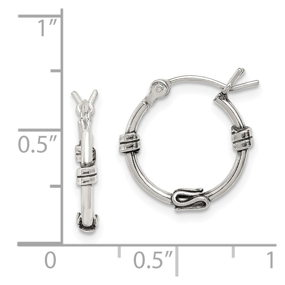 QE4285 Sterling Silver Antiqued Fancy Hoop Earrings