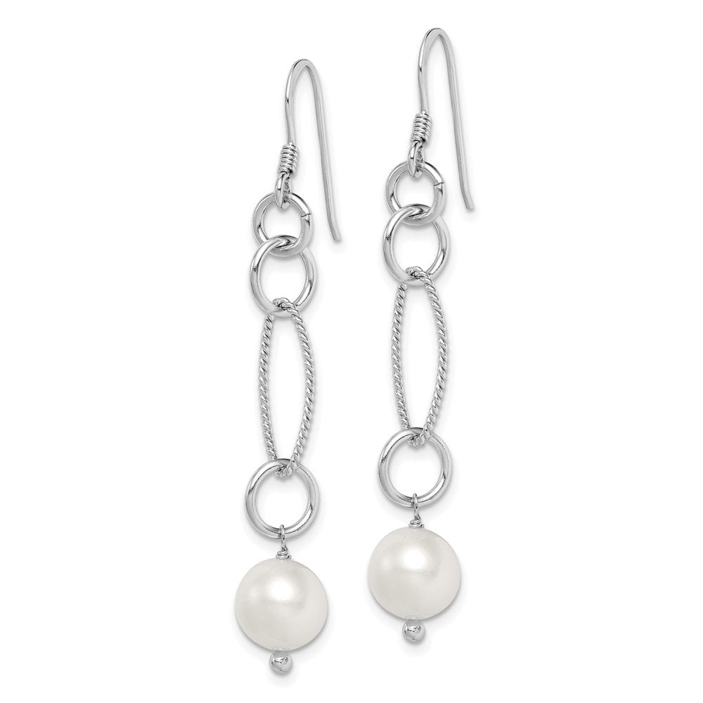 QE4332 Sterling Silver Rhodium-plated Polished & Twisted White 8-9mm Freshwater Cultured Pearl Dangle Earrings