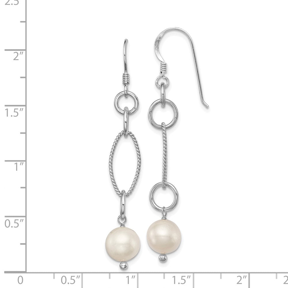QE4332 Sterling Silver Rhodium-plated Polished & Twisted White 8-9mm Freshwater Cultured Pearl Dangle Earrings