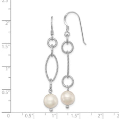 QE4332 Sterling Silver Rhodium-plated Polished & Twisted White 8-9mm Freshwater Cultured Pearl Dangle Earrings
