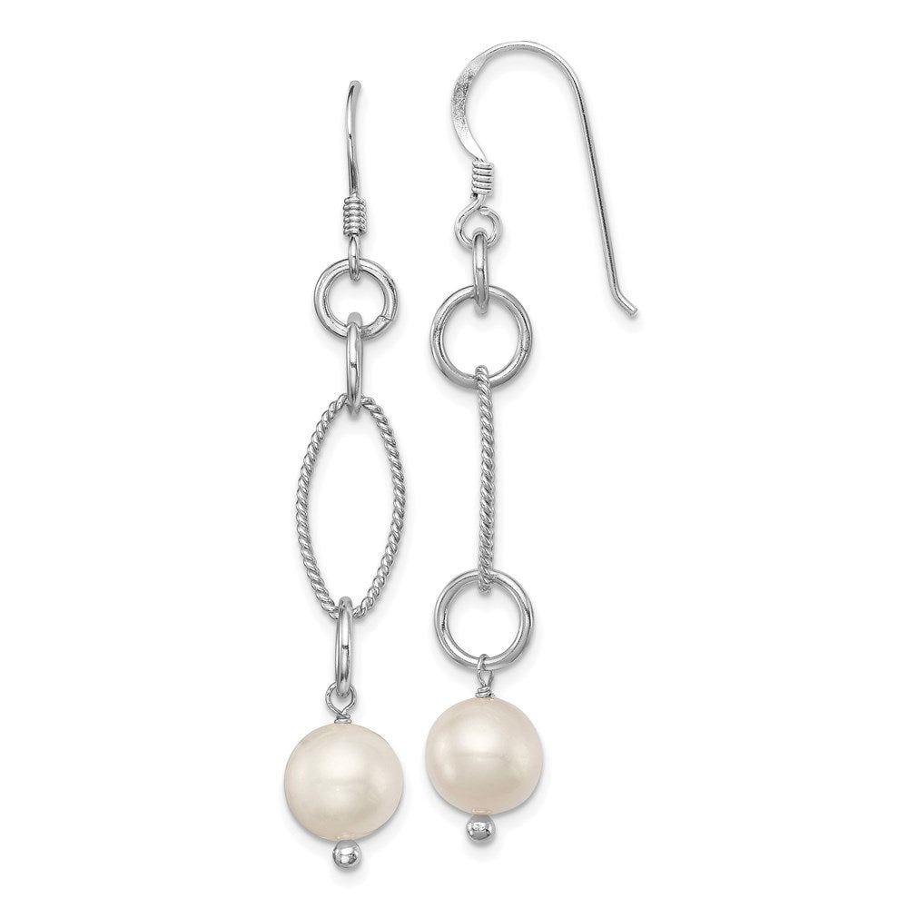 QE4332 Sterling Silver Rhodium-plated Polished & Twisted White 8-9mm Freshwater Cultured Pearl Dangle Earrings