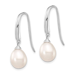 QE4333 Sterling Silver Rhodium-plated 8-9mm White Teardrop Freshwater Cultured Pearl Dangle Earrings