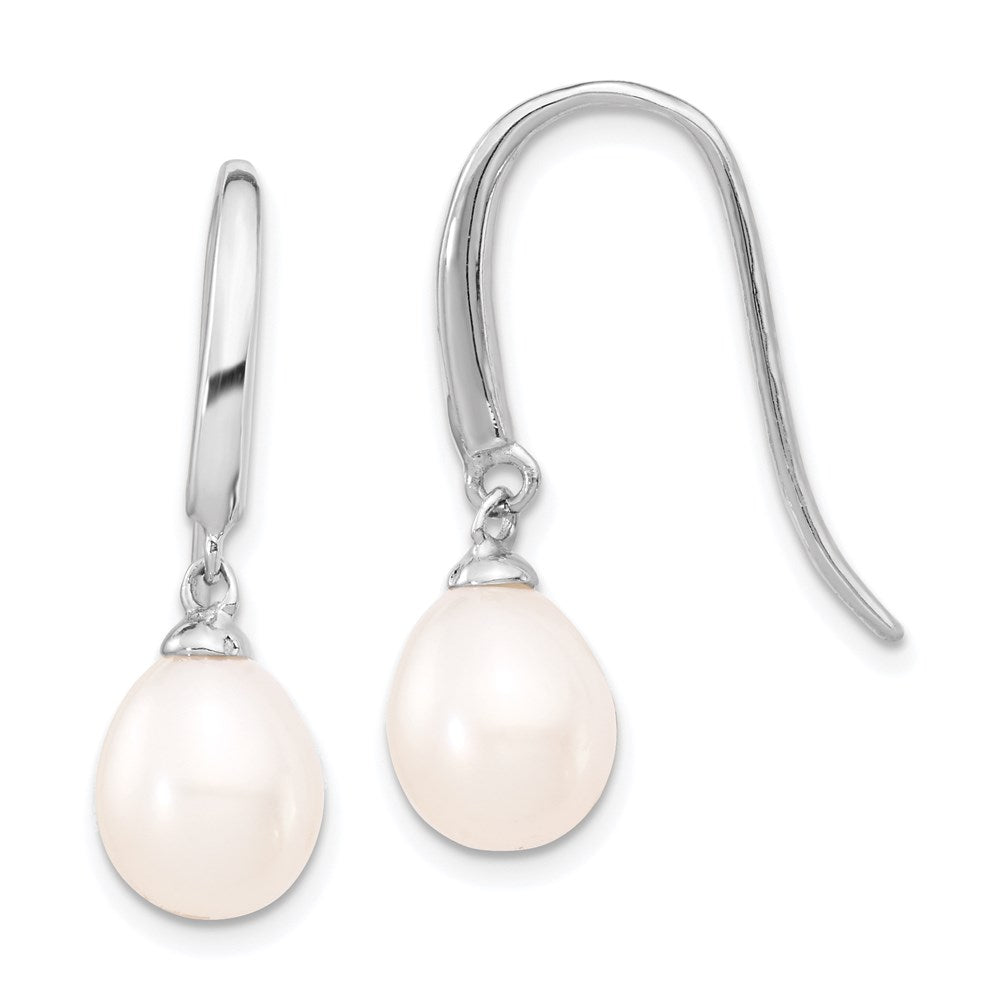 QE4333 Sterling Silver Rhodium-plated 8-9mm White Teardrop Freshwater Cultured Pearl Dangle Earrings