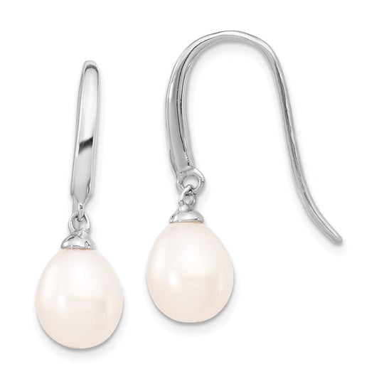 QE4333 Sterling Silver Rhodium-plated 8-9mm White Teardrop Freshwater Cultured Pearl Dangle Earrings