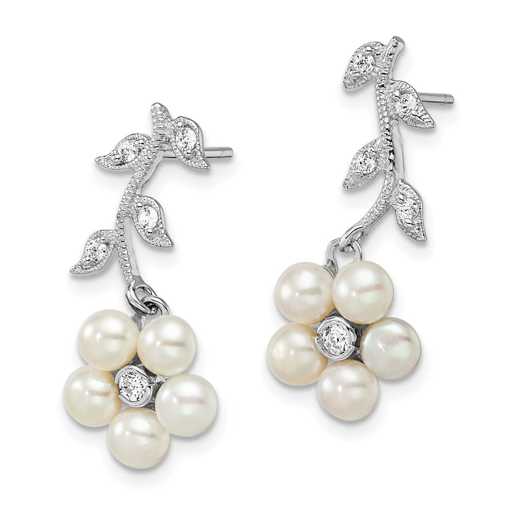 QE4334 Sterling Silver Rhodium-plated White FWC Pearl CZ Flower Post Earrings