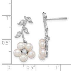 QE4334 Sterling Silver Rhodium-plated White FWC Pearl CZ Flower Post Earrings
